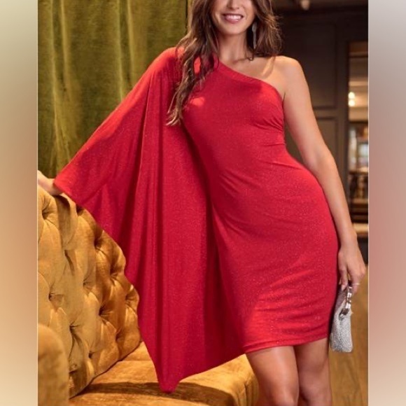 Venus Red One-Shoulder One Sleeve Party Cocktail Shimmer Short Mini Dress size M - Picture 9 of 10